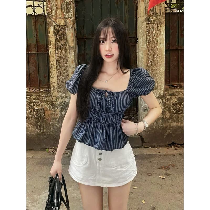 Áo Babydoll Dáng Rộng thắt nơ tay bồng tôn dáng cho nữ m6004