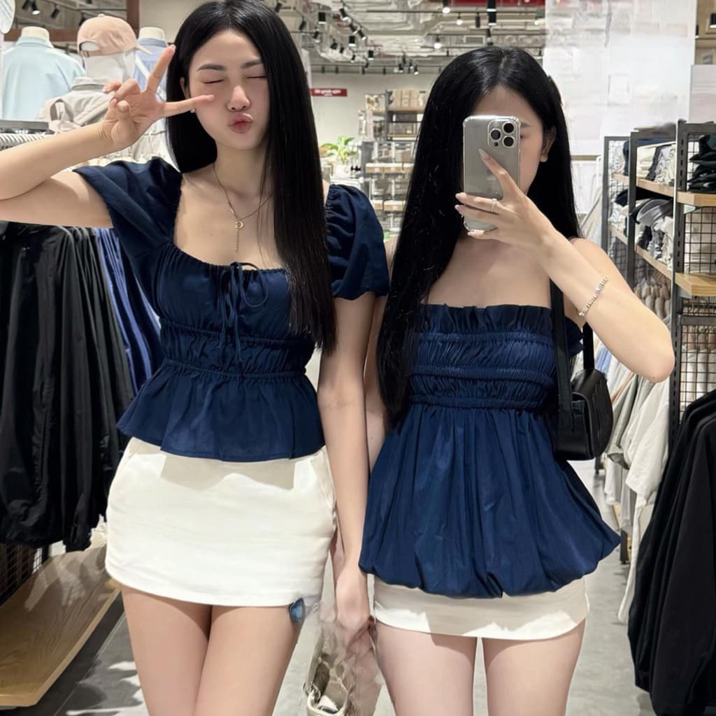 ÁO BABYDOLL Linen kiểu xinh tay phồng tiểu thư công chúa bo thân nơ coquette nữ m6004