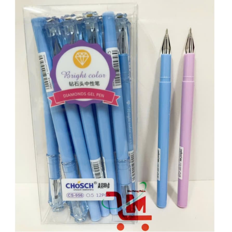 Hộp 12 Cây Bút Gel CHOSCH CS956 Ngòi Kim Cương 0.5MM, Mực Xanh, Mực Tím, Nét Chữ Nhỏ, Mãnh, Dễ Sử Dụng