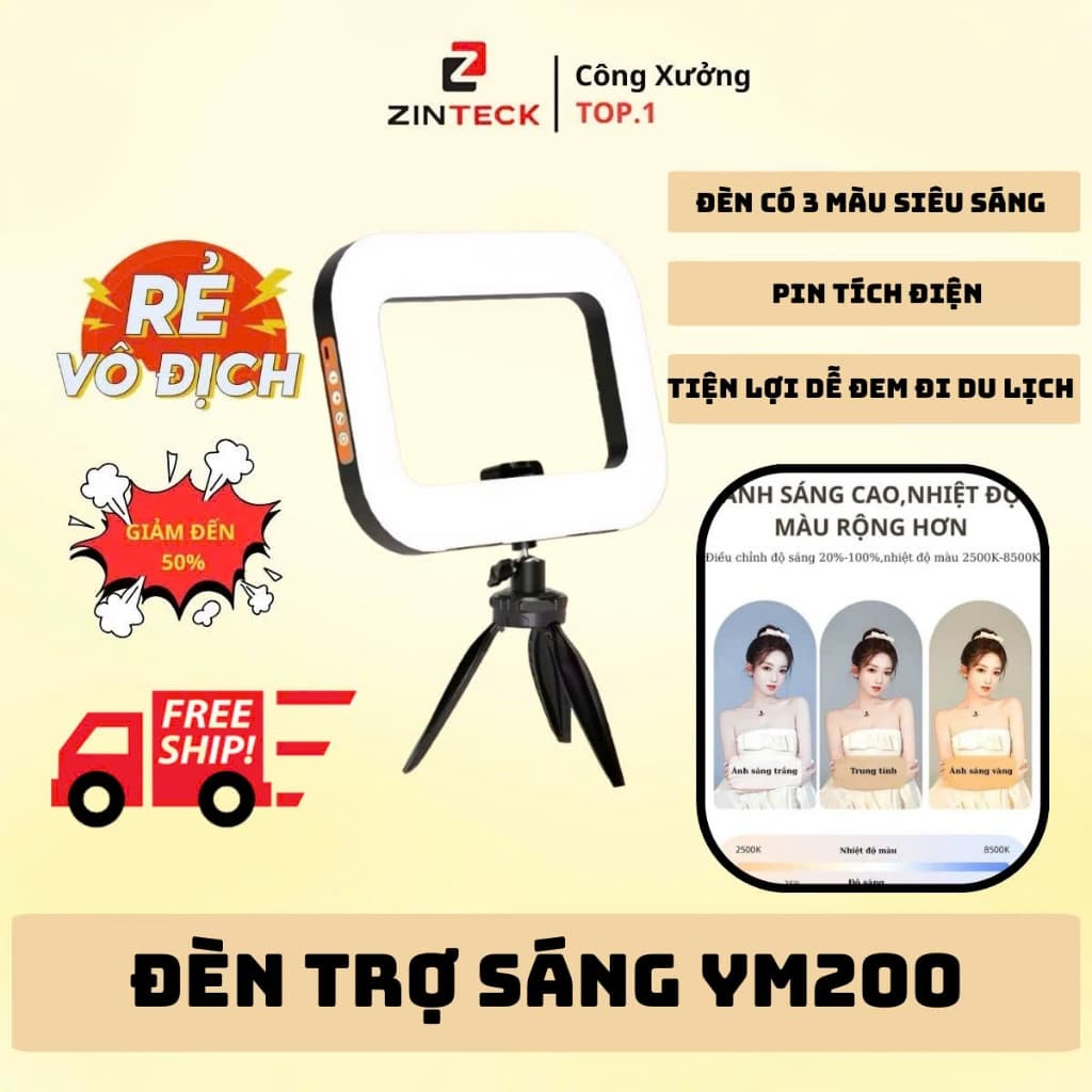 Đèn trợ sáng YM200 Hỗ Trợ Quay Video, Chụp ảnh, Makeup - 3 Chế Độ Sáng - Pin Dùng Liên Tục 3-4h