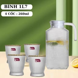 Bộ Cốc Bình Thủy Tinh Cao Cấp, Họa Tiết Nổi Sần Chịu Nhiệt Dung Tích 1700ml Màu Trắng 4