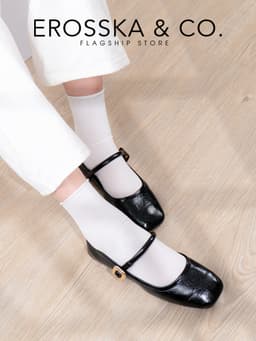 Erosska - Giày búp bê nữ ballet core mũi vuông, quai ngang phối khóa màu nâu  - EL084 16
