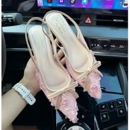 Giày cao gót lưới hoa hồng Chị Đẹp store, Giày ren lưới hoa đính nơ phong cách tiểu thư gót trụ 1-7-9 phân mã U137 9