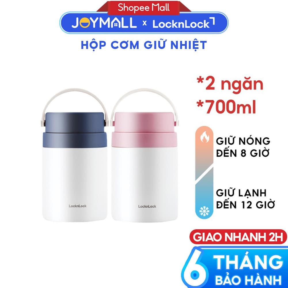 Hộp cơm giữ nhiệt LocknLock LHC8042 700ml - Hàng chính hãng, 2 ngăn kèm muỗng inox - JoyMall