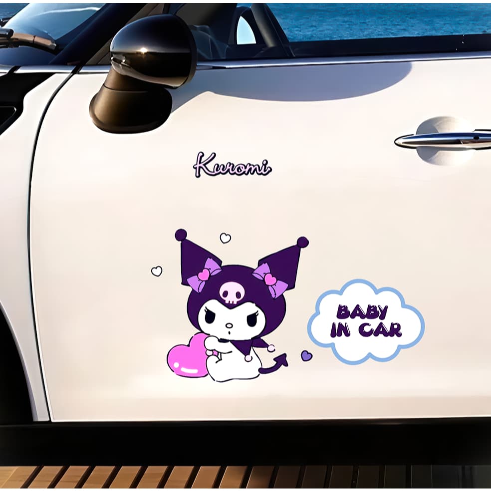 "Decal ô tô Kuromi dễ thương chữ 'Baby In Car', chống nước, bảo vệ kính hậu và che vết xước."