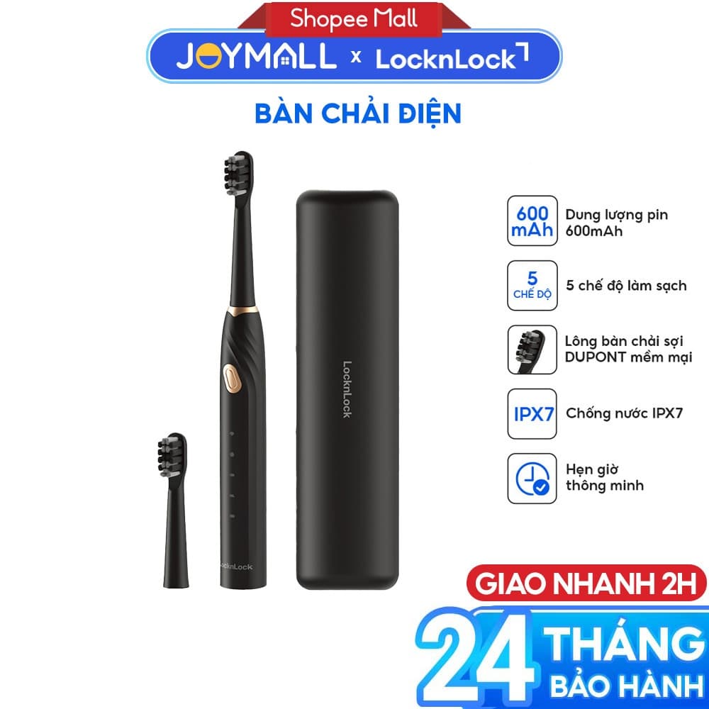 Bàn chải điện LocknLock ENR321BLK kèm hộp, Hàng chính hãng, 5 chế độ, có 4 đầu bàn chải - JoyMall