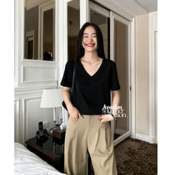Áo thun cổ tim chất cotton basic thanh lịch form rộng Justdun A5 3