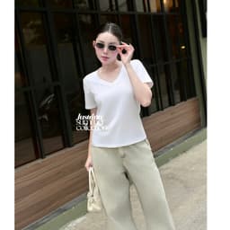 Áo thun cổ tim chất cotton basic thanh lịch form rộng Justdun A5 9