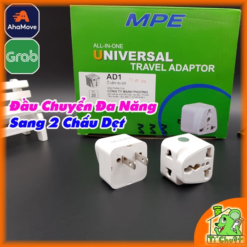 Đầu Nối Phích Cắm Đa Năng AD1 AD2 Chia 2 Ổ Cắm Chuyển 3 Chấu UK Qua 2 Chấu Chân Dẹt US 2 in 1 Chính Hãng MPE