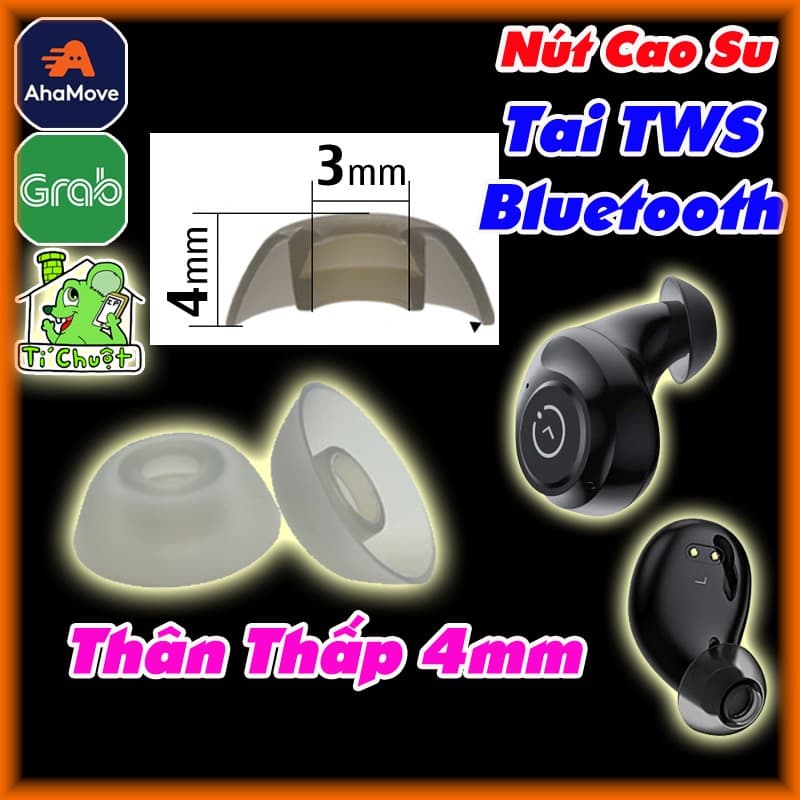 [Cao 4mm] 1 CẶP Nút Tai Bluetooth TWS Núm Cao Su Thân Ngắn Thấp Lùn Lõi Ống 3mm-4mm Baseus WM02 Đậy Nắp Hộp Không Cấn