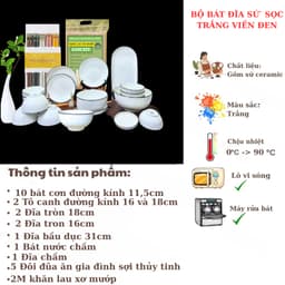 Bộ Bát Đĩa Trắng Viền Đen Gochy Đủ Món Chất Liệu Gốm Sứ Ceramic cao cấp chịu nhiệt tốt,decor trang trí bàn ăn sang trọng 2