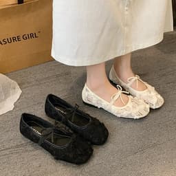 [LÙI 1 SIZE] Giày Bệt Ren Hoa Hồng thêu nổi 5D Tiểu thư - Giày búp bê đế dẻo gắn nơ xinh xắn Mã V037 3