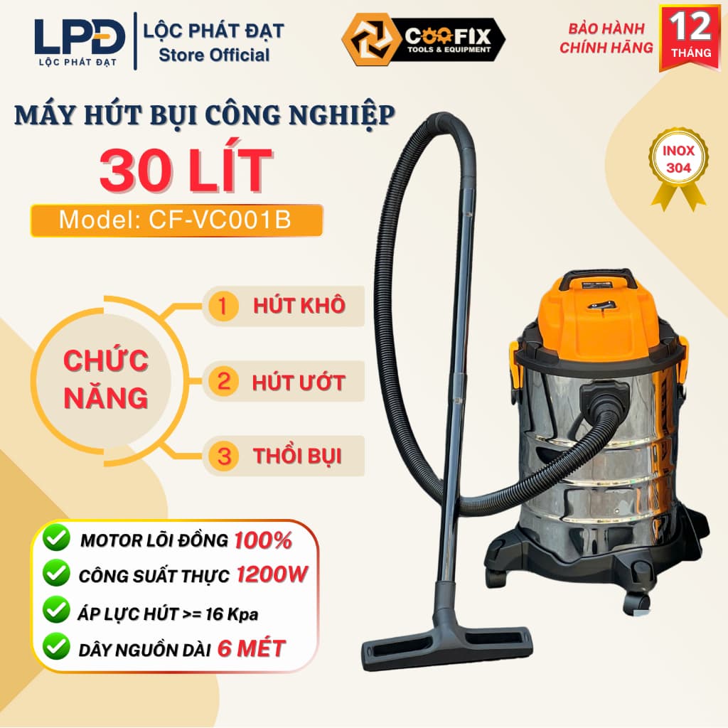 Máy hút bụi Công nghiệp - Gia đình 30L COOFIX CF-VC001B Công suất thực 1200W tích hợp 3 chức năng hút Khô - Ướt - Thổi.