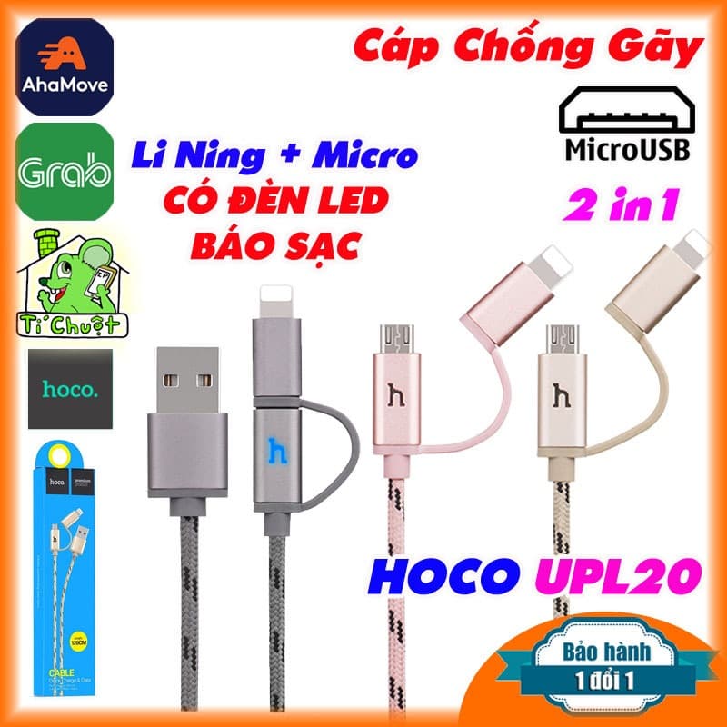 Cáp HOCO UPL20 Sạc Nhanh 2in1 Đa Năng 2 Đầu Li Ning & Micro USB Chống Gãy Dây Dù Có LED Báo Sạc cho iPhone / Android