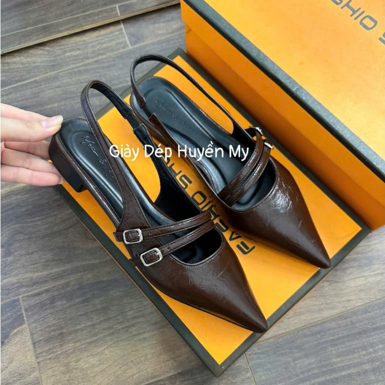 [ Giày Dép Huyền My ] Sục Nữ Mũi Nhọn Phối Khoá Chéo 2P Da Mềm Hàng Full Hộp (PH13)