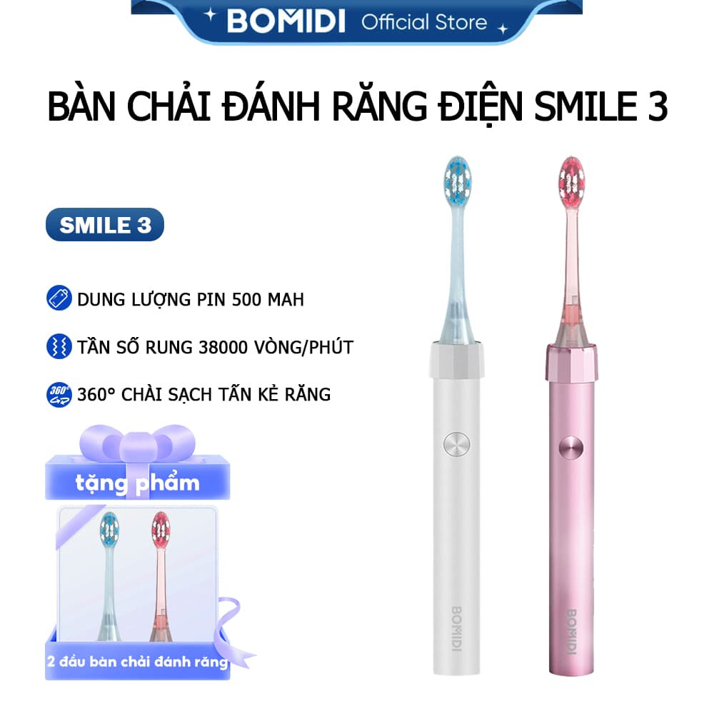 Bàn chải đánh răng điện smile 3 bomidi-4 chế độ đánh răng hỗ trợ khử khuẩn có tia cựa tím IPX7.