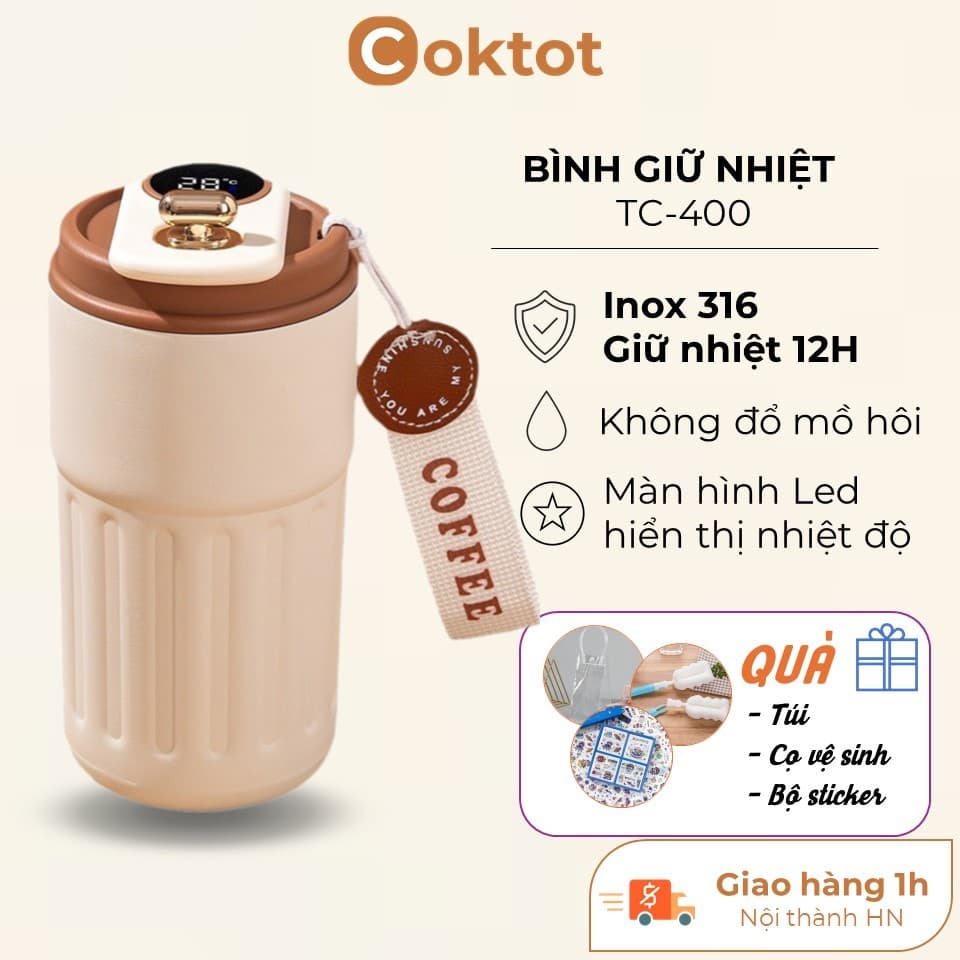 Cốc giữ nhiệt TC400 inox 316 cao cấp, bình giữ nhiệt nóng lạnh 6-12H không đổ mồ hôi, màn hình LED hiển thị nhiệt độ