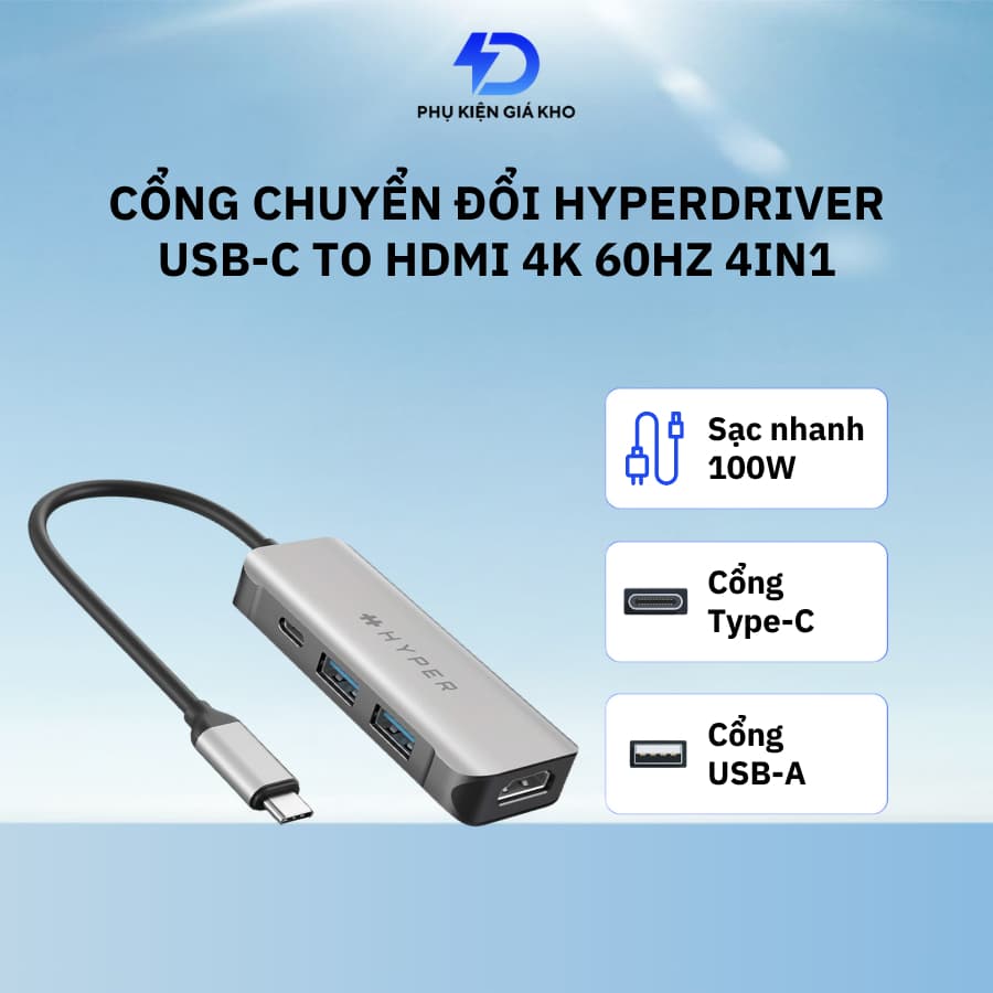 HUB chuyển đổi chính hãng HyperDriver 4 trong 1 chuyển type c sang hdmi 4k