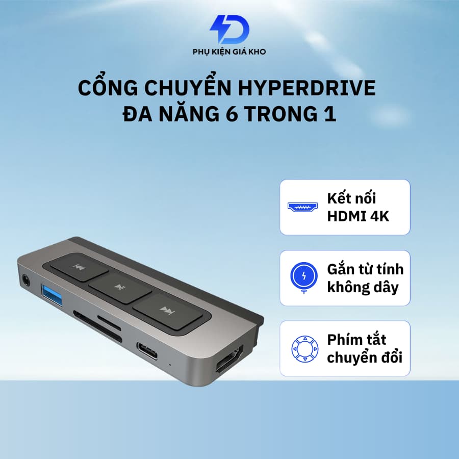 Bộ chuyển đổi chính hãng Hyperdrive Media 6 trong 1 HDMI 4K/60Hz USB-Hub
