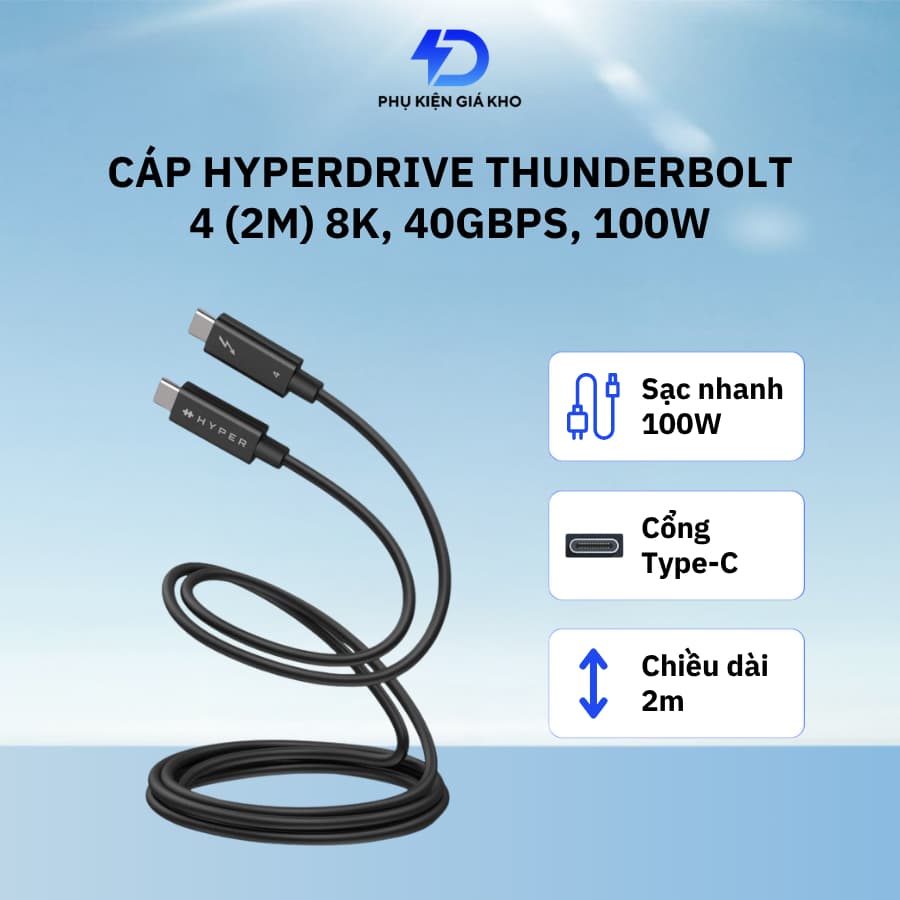 Cáp sạc nhanh type c to type c HyperDrive Thunderbolt 4 2M 8K 40Gbps công suất 100W