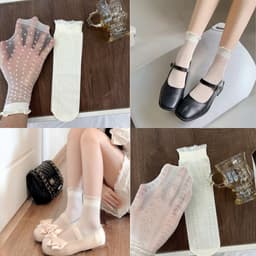 Set 5 Đôi Tất Siêu Mỏng Thoáng Khí Cổ Bèo Lolita Màu Trắng Kem TT69 4