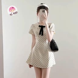 Váy ngắn tay cổ sen đính nơ họa tiết chấm bi chiết eo nhẹ nhàng dáng xòe xixeoshop - V26, V73 1