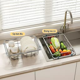 Rổ Inox Gác Bồn Rửa Bát Đa Năng Bepcuatom, Rổ Rửa Rau Ráo Nước, Giá Để Bát Gác Bồn Rửa Có Thể Kéo Dài Thu Gọn Tiện Lợi 9