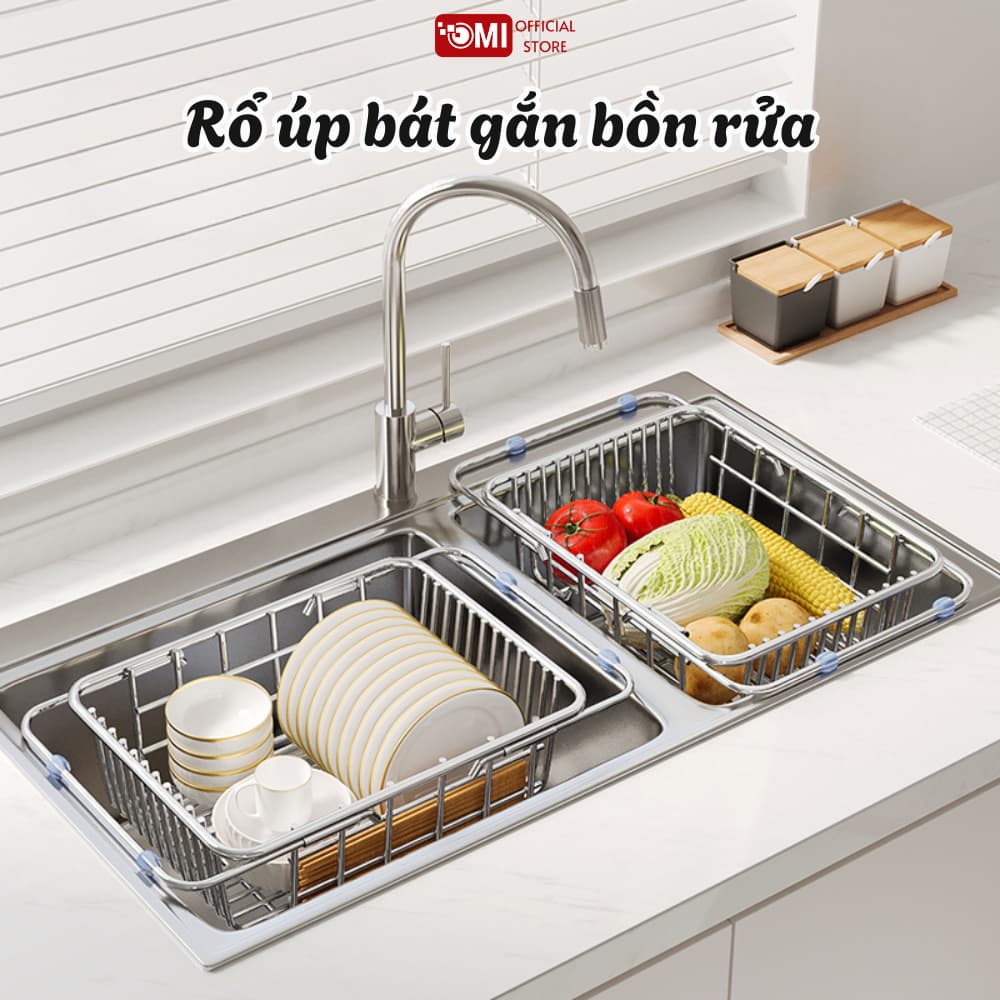 Rổ Gác Bồn Rửa Bát Đa Năng OMI Chất Liệu Inox 304, Rổ Rửa Rau, Giá Để Bát Gác Bồn Rửa Có Thể Kéo Dài Thu Gọn Tiện Lợi