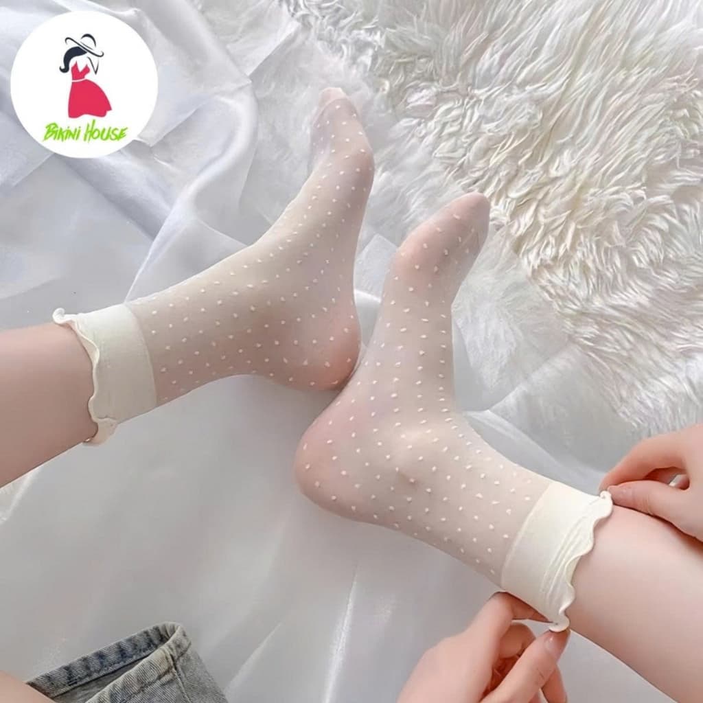 Set 5 Đôi Tất Siêu Mỏng Thoáng Khí Cổ Bèo Lolita Màu Trắng Kem TT69