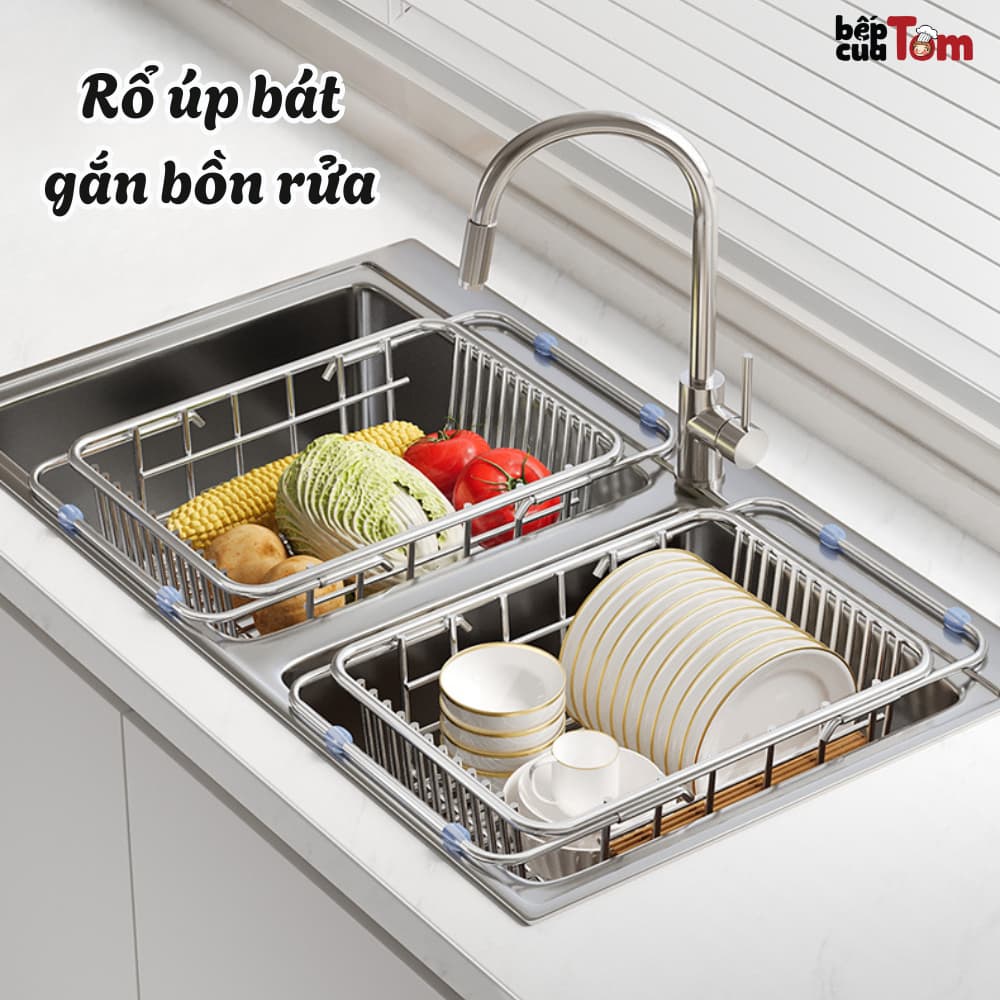 Rổ Inox Gác Bồn Rửa Bát Đa Năng Bepcuatom, Rổ Rửa Rau Ráo Nước, Giá Để Bát Gác Bồn Rửa Có Thể Kéo Dài Thu Gọn Tiện Lợi
