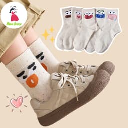 Set 5 Đôi Tất Cao Cổ Nữ Họa Tiết Biểu Cảm Phong Cách Dễ Thương Màu Muối Tiêu TT71 4