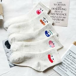 Set 5 Đôi Tất Cao Cổ Nữ Họa Tiết Biểu Cảm Phong Cách Dễ Thương Màu Muối Tiêu TT71 9