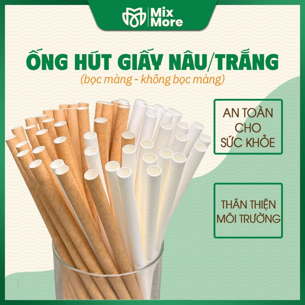 Combo 100-200 ống hút giấy kraft nâu LOẠI 1, trắng cao cấp, 3 lớp dày dặn,đa dạng size, dùng tại quán, take away Mixmore