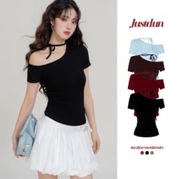 (XẢ KHO) Áo Thun Ôm Lệch Vai mặc 2 kiểu Thiết Kế Kèm Dây Cotton mịn Justdun A2A 1