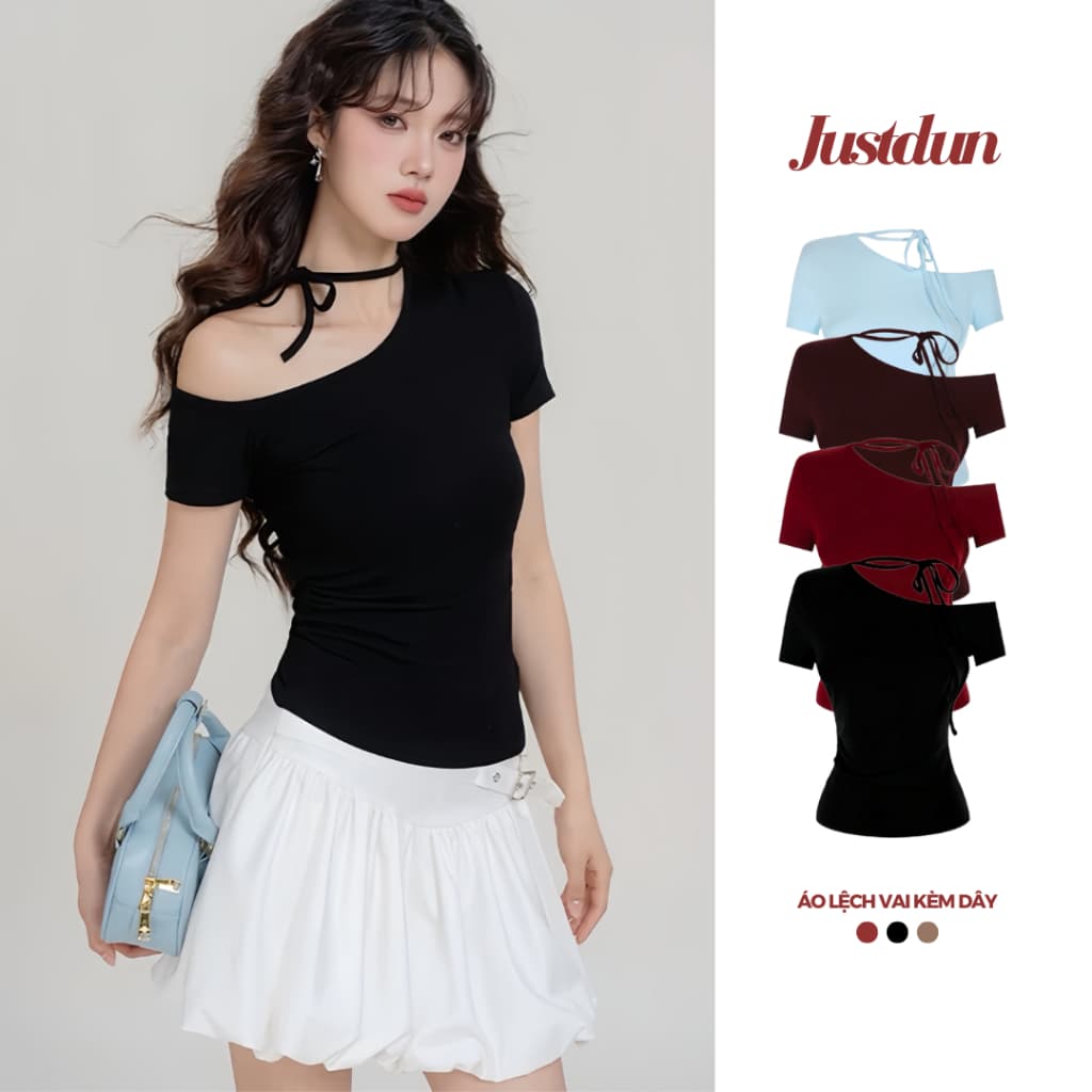 (XẢ KHO) Áo Thun Ôm Lệch Vai mặc 2 kiểu Thiết Kế Kèm Dây Cotton mịn Justdun A2A