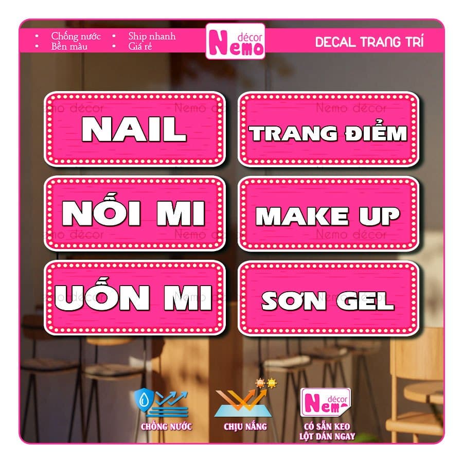 Decal Dán Trang Trí Tiệm Tóc, Barber, Nail, Mi Chống Nước, Decal Tranh Dán Menu Hair Salon, BarberShop.