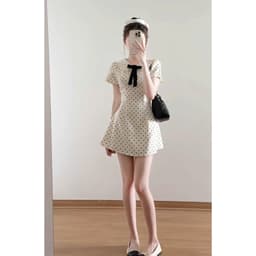 Váy ngắn tay cổ sen đính nơ họa tiết chấm bi chiết eo nhẹ nhàng dáng xòe xixeoshop - V26, V73 3