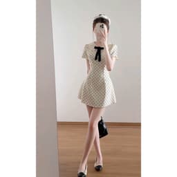 Váy ngắn tay cổ sen đính nơ họa tiết chấm bi chiết eo nhẹ nhàng dáng xòe xixeoshop - V26, V73 4