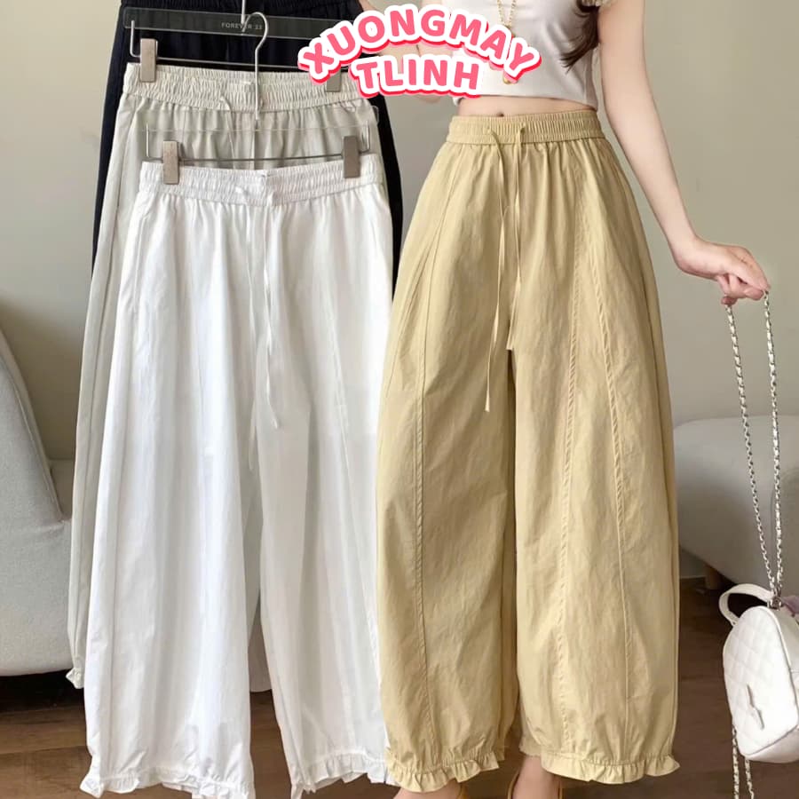 Quần Baggy Kaki Hàn Gấu Bo Nhún Lưng Chun Cách Điệu - Quần Baggy Bo Viền Chun Gấu Siêu Hot Q0003
