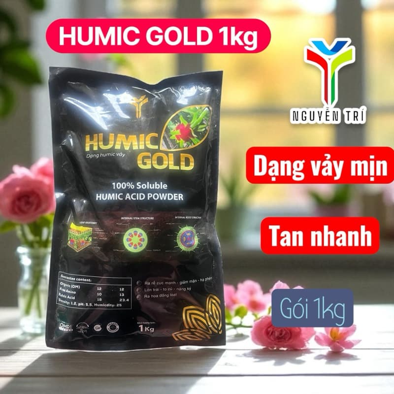 Phân Bón Humic Gold Hữu Cơ Mỹ (Gói 1kg) - Siêu Kích Rễ, Cải Tạo Đất, Giải Độc Phèn, Humic Acid Đậm Đặc Tan 100%
