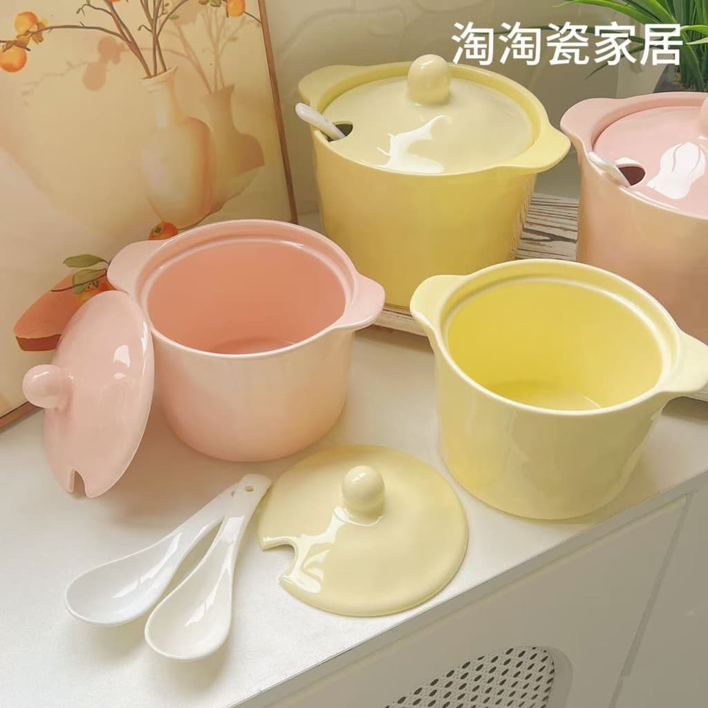 Hũ Đựng Mỡ Lợn Gốm Sứ Chịu Nhiệt Kèm Nắp & Thìa, Âu, Liễn Đựng Mỡ Gia Vị Có Tai Cầm Kèm Nắp Thìa