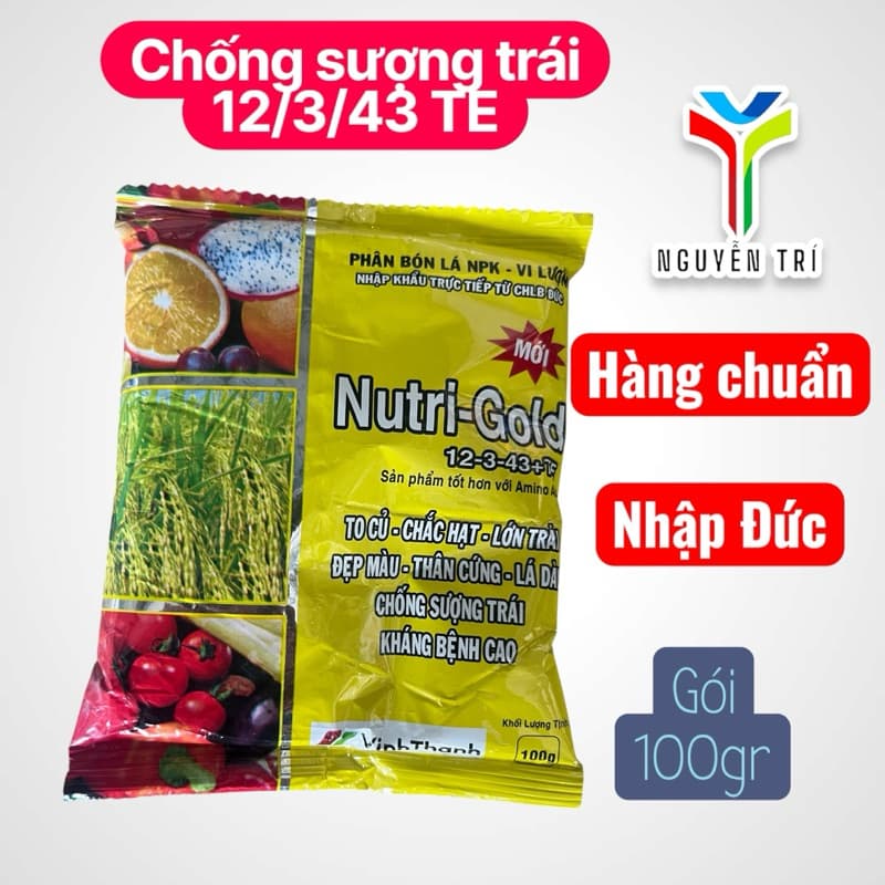 Phân Bón Lá Nutri-Gold Đức (Gói 100g) NPK 12-3-43+TE- Kali Cao, Lớn Trái, Chắc Hạt, Chống Sượng Trái