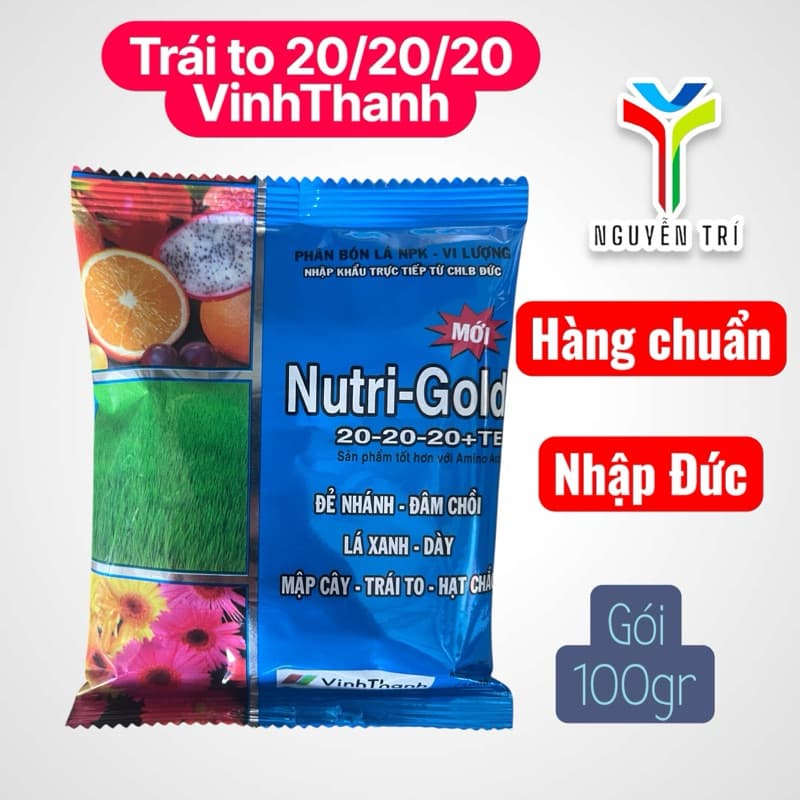 Phân Bón Lá Nutri-Gold Đức (Gói 100g) NPK 20-20-20+TE - Dưỡng Cây , Phục Hồi Cây, Xanh Lá, To Trái
