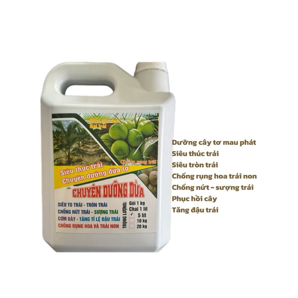 DƯỠNG DỪA CAN 5 LÍT DƯỠNG DỪA TƠ MAU LỚN, PHÁT GỐC, SIÊU THÚC TRÁI CHỐNG RỤNG HOA VÀ TRÁI NON CAN NẶNG 7KG