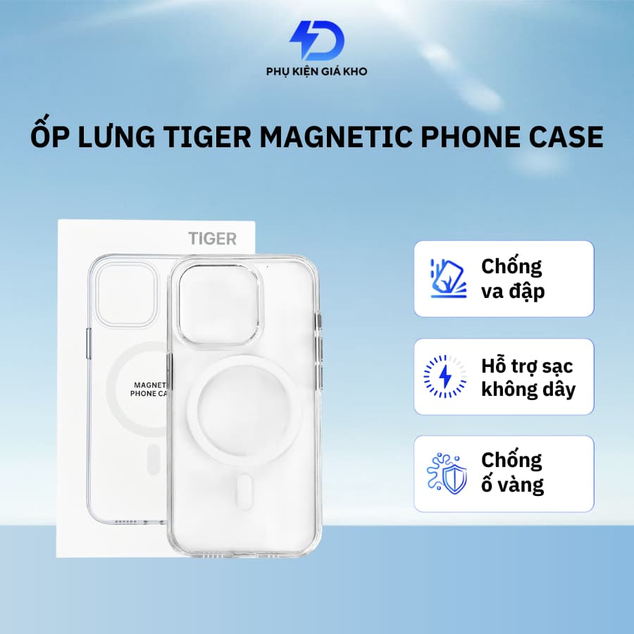 Ốp lưng trong suốt Tiger magnetic phone case chống ố vàng cho iPhone 15/16/17 thường/Plus/Pro/ProMax