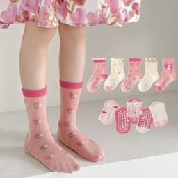 Set 5 Đôi Tất Vớ Cho Bé Cotton Chống Trượt Họa Tiết Thỏ và Hoa Hồng Đáng Yêu, Siêu An Toàn Và Thoải Mái TE102 5