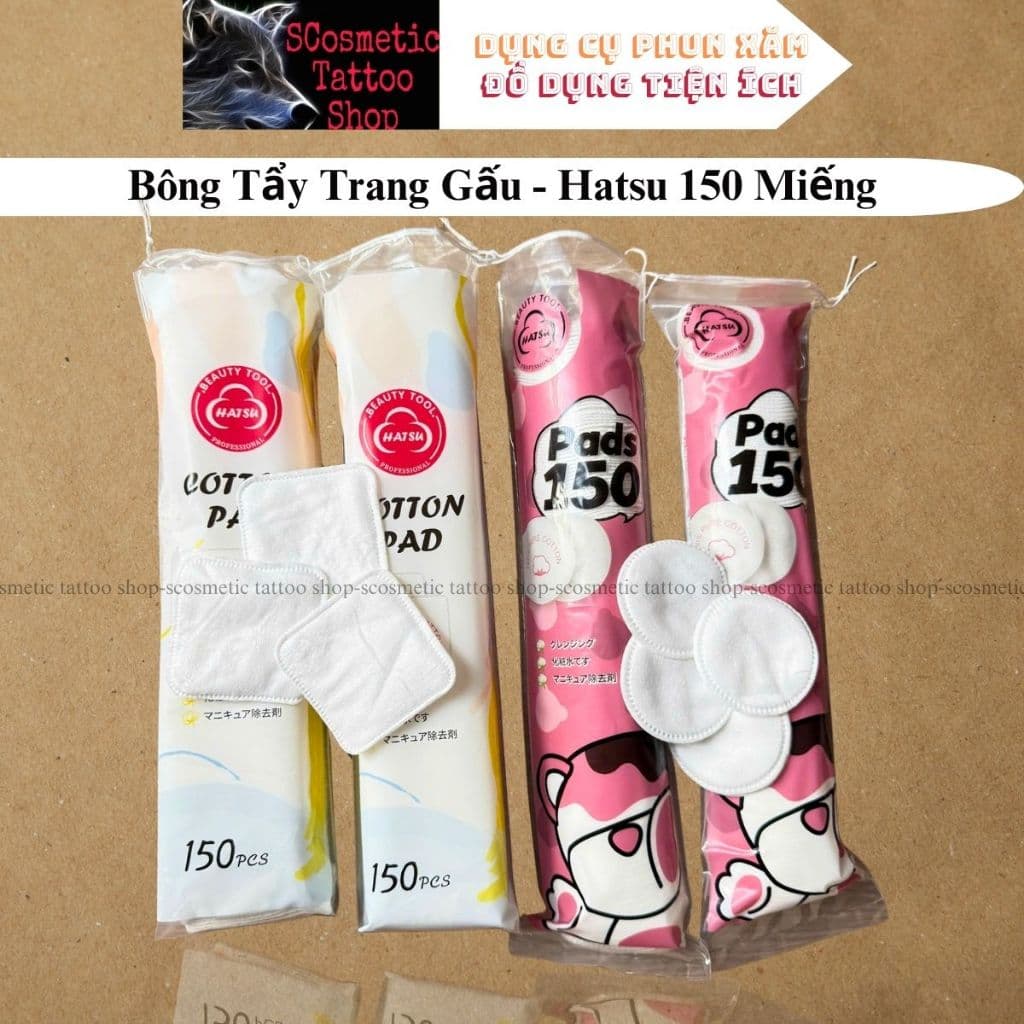Bông Tẩy Trang Gấu Dâu 150 Miếng, Hatsu 100% Tự Nhiên, Không Gây Kích Ứng, Bông Vuông Hatsu Bông Mềm Bám Viền Vòng Quanh