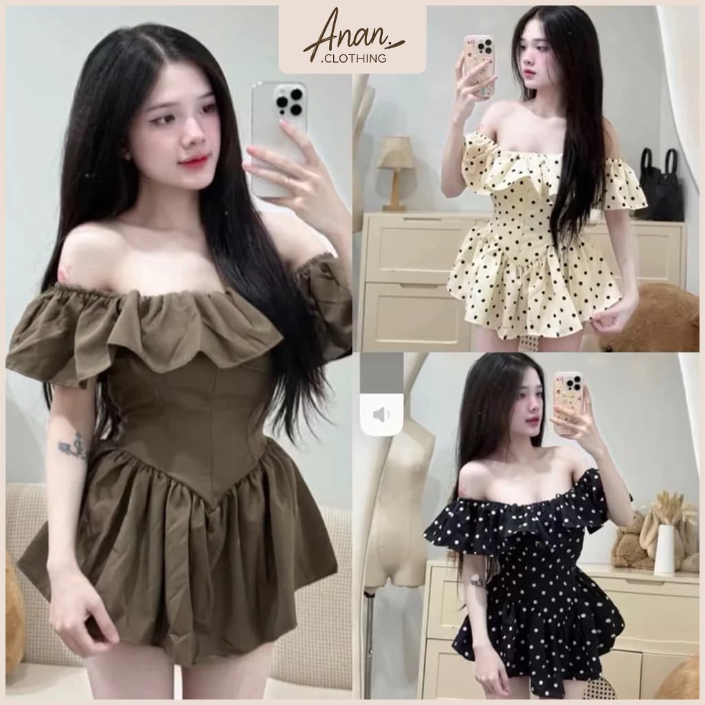 SÉT ĐẦM BỆT VAI VẠT NHỌN BO EO CHUN LƯNG KÈM QUẦN BẢO HỘ SIÊU HOT