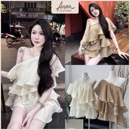 Áo lệch vai bèo tầng chất tơ nhẹ bồng bềnh, áo tơ chéo vai xếp tầng dáng ngắn nhẹ nhàng quyến rũ 1