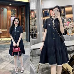 Đầm bầu thiết kế , Váy bầu Cổ Tàu Kẻ Sọc Xanh Than Viền Ren Thêu Nơ Túi Ngực soang chảnh 04 1